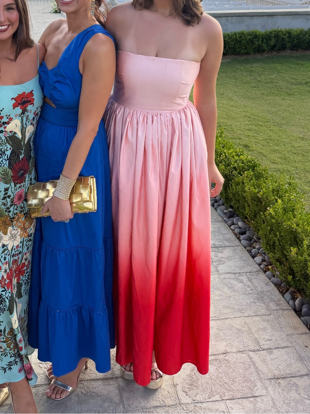 Sau Lee Strapless Ombre Pink to Red Maxi Dress